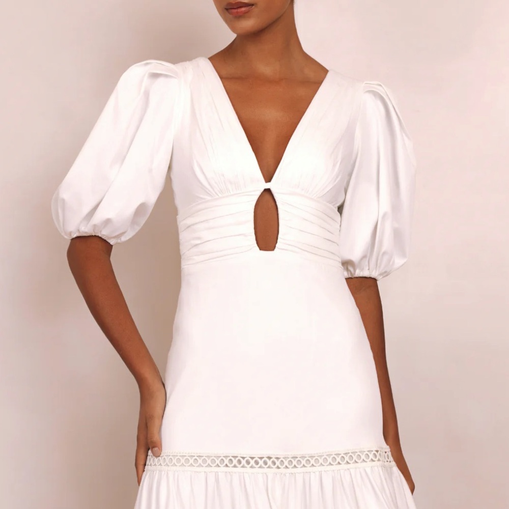 PatBO White Tiered Puff Sleeve Midi Dress